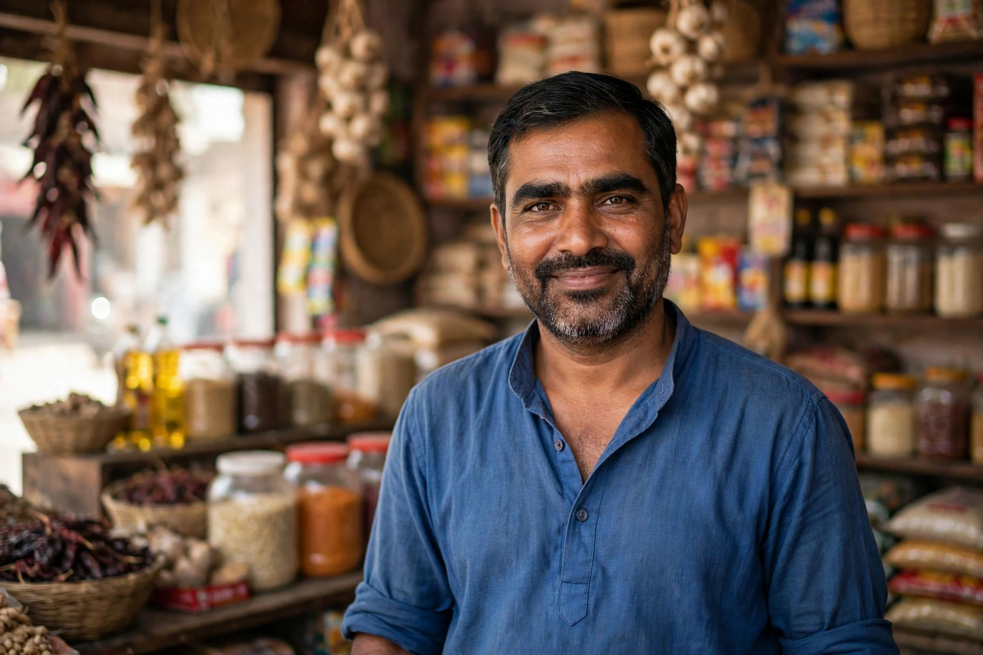 Indian small business owner in his neighbourhood shop