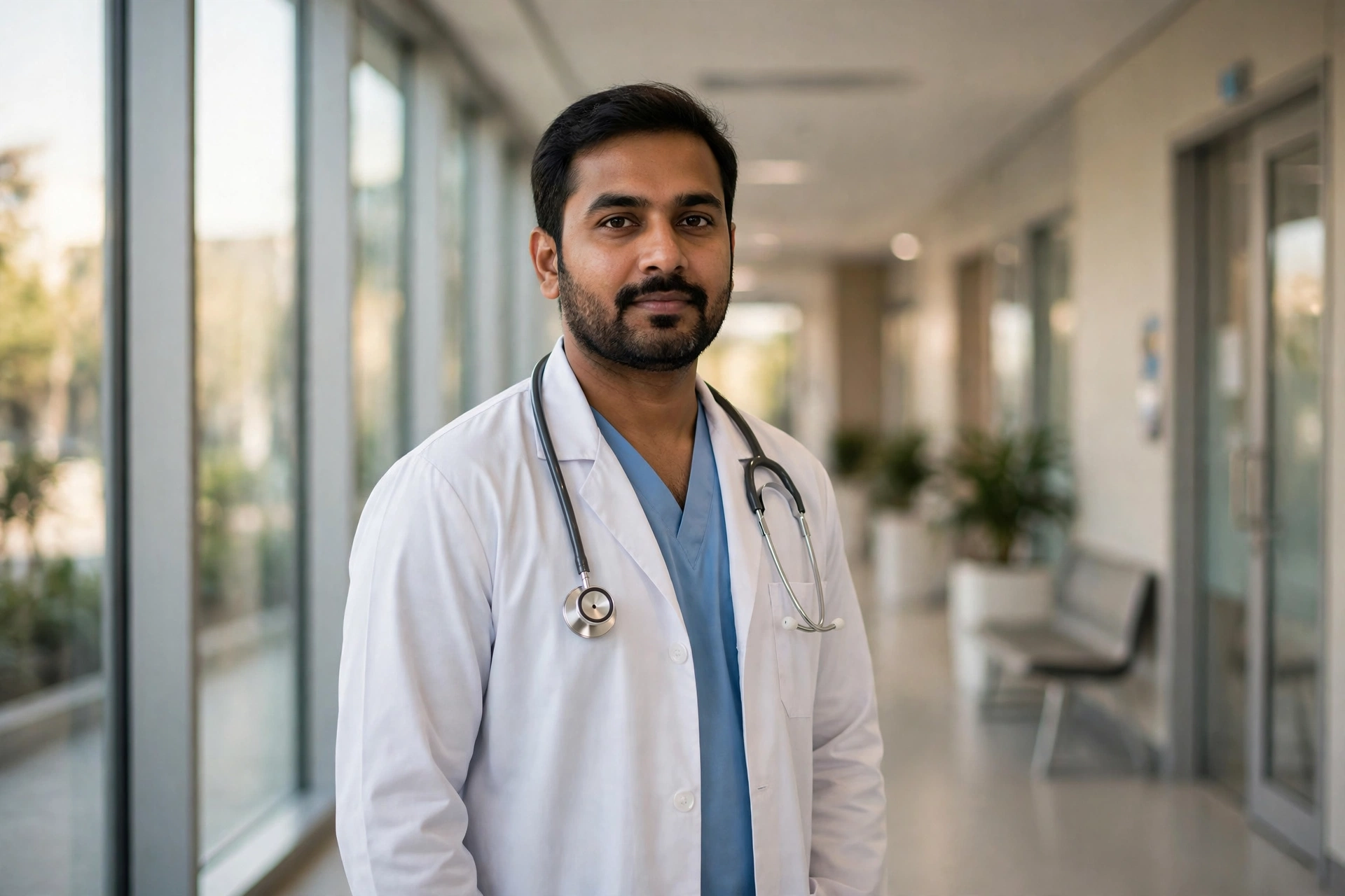Indian doctor standing alone in a hospital corridor